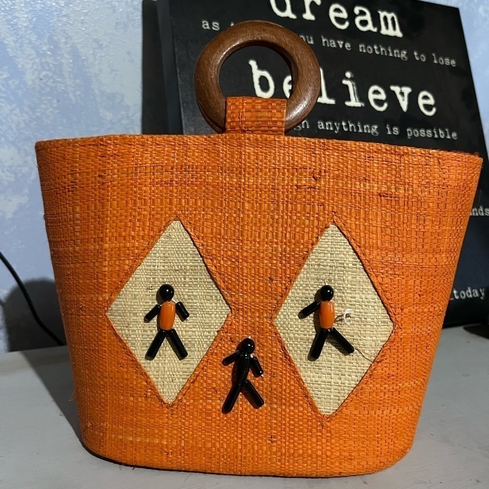 🩷Free🩷Vintage boho handbag,orange,wood handles - Picture 2 of 11